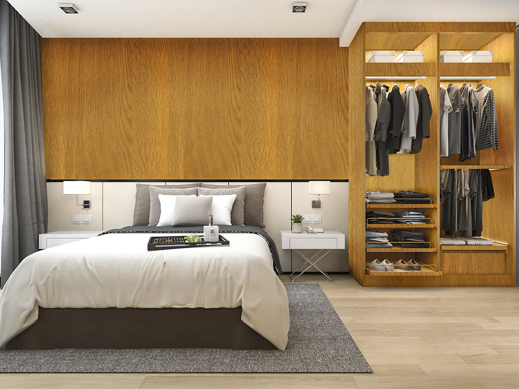 3d,Rendering,Luxury,Modern,Bedroom,Suite,In,Hotel,With,Wardrobe